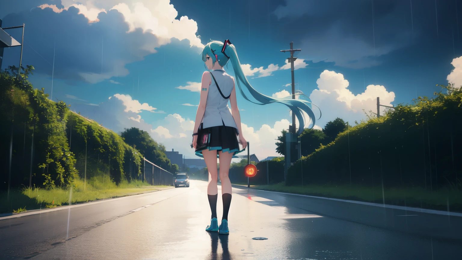 ((Highest quality)), ((masterpiece)), (detailed), One girl, Hatsune Miku,rainの日,rain,dark,cloud,On the road,Are standing,
