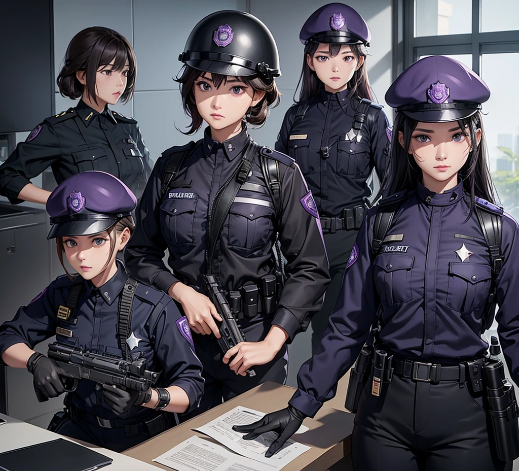 A group of female police officers all wearing purple and black uniforms,Wear a steel helmet、Military Pants、Individual equipment set、Alert with guns、Write details、masterpiece、best quality、Highly detailed CG、8K picture quality