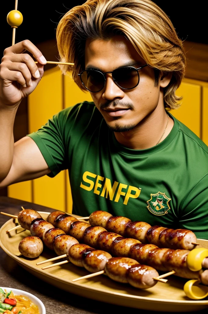 I need an image with A man wearing sunglasses, golden hair Nintendo and The words "sempol ayam Bonek"There is a food symbol in the form of a skewered sausage