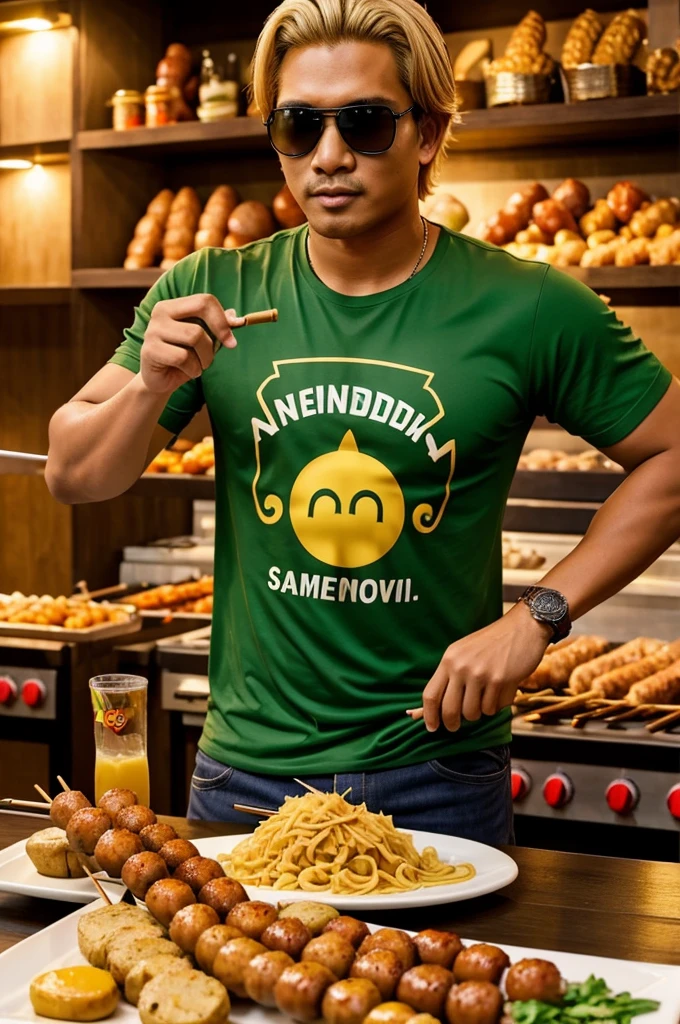 I need an image with A man wearing sunglasses, golden hair Nintendo and The words "sempol ayam Bonek"There is a food symbol in the form of a skewered sausage