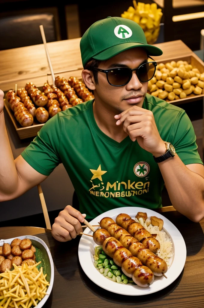 I need an image with A man wearing sunglasses, golden hair Nintendo and The words "sempol ayam Bonek"There is a food symbol in the form of a skewered sausage