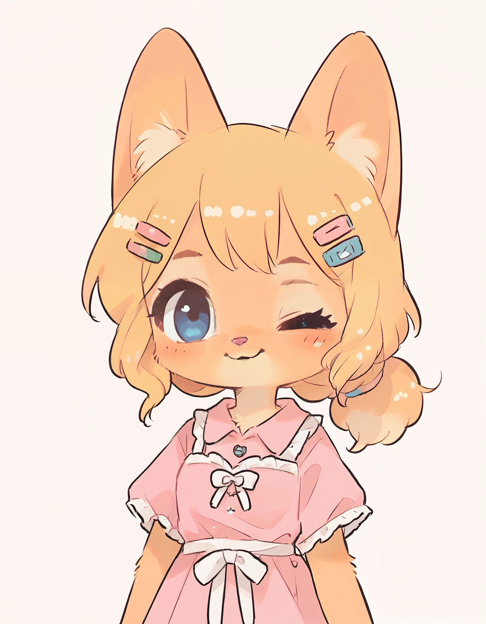 little fox, kid girlfox, yellow hair, ginger fur, blue eyes, cute kid, alone, face similar to Diane Foxington, kid , tied hair, pink dress, hair clips, sending, 1 eye closed