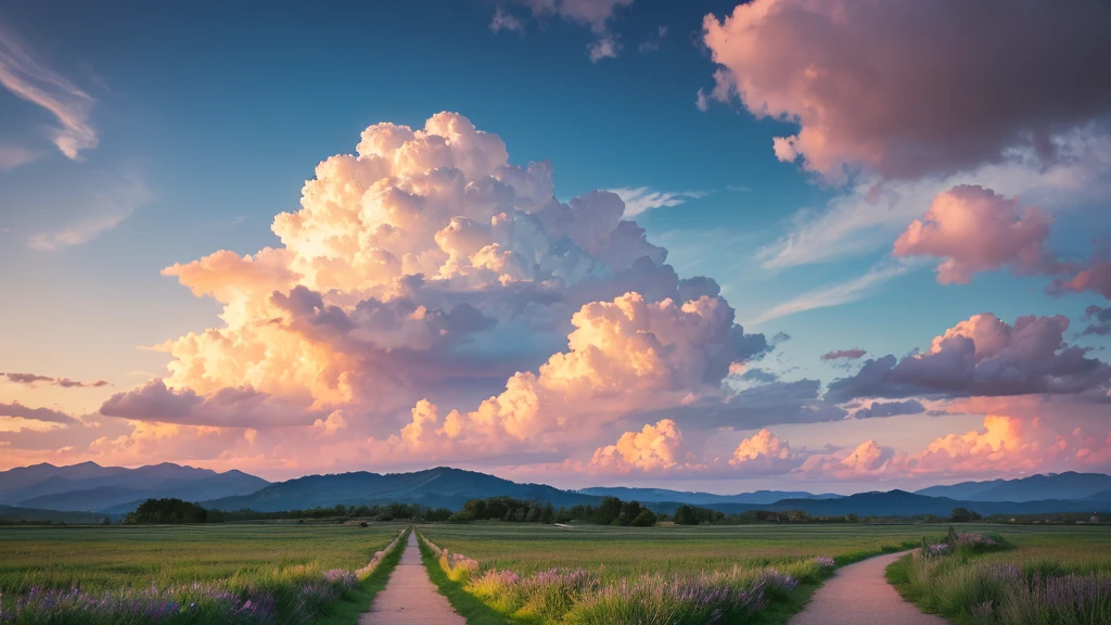 Highest quality, masterpiece, Ultra-high resolution, "Creates breathtaking ultra HD 8K images of the sky with beautiful clouds forming a heavenly path. The clouds should be soft., fluffy, Shining, Pale pastel colors such as various shades of white and pink, lavender, And golden shades. They float gently、It should look like a dream shape.。, The mystical path to the top. The sunlight should shine through the clouds, warm, Creates a heavenly glow and a mesmerizing play of light and shadow. The sky around the clouds is rich, blue, As we approach the horizon、Changes to a gentle color gradation. The whole scene is supposed to inspire awe., peace, and wonder, Providing an entertaining and uplifting visual experience for your audience, Like staring at the road to heaven.