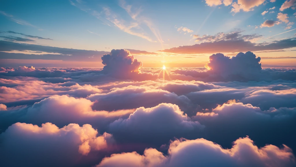 Highest quality, masterpiece, Ultra-high resolution, "Creates breathtaking ultra HD 8K images of the sky with beautiful clouds forming a heavenly path. The clouds should be soft., fluffy, Shining, Pale pastel colors such as various shades of white and pink, lavender, And golden shades. They float gently、It should look like a dream shape.。, The mystical path to the top. The sunlight should shine through the clouds, warm, Creates a heavenly glow and a mesmerizing play of light and shadow. The sky around the clouds is rich, blue, As we approach the horizon、Changes to a gentle color gradation. The whole scene is supposed to inspire awe., peace, and wonder, Providing an entertaining and uplifting visual experience for your audience, Like staring at the road to heaven.
