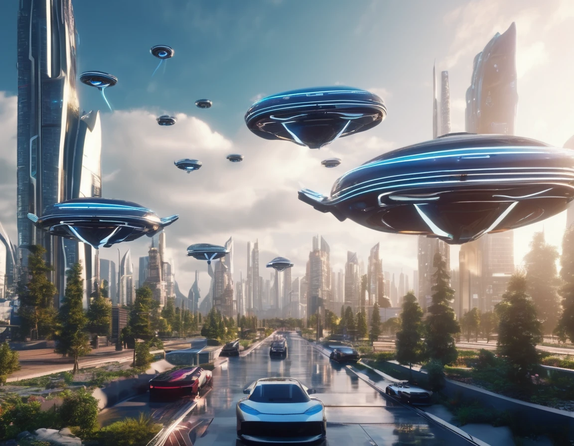 Scene out of 2060, futuristic city landscape, flying cars, great detail Cgi render, 8k
