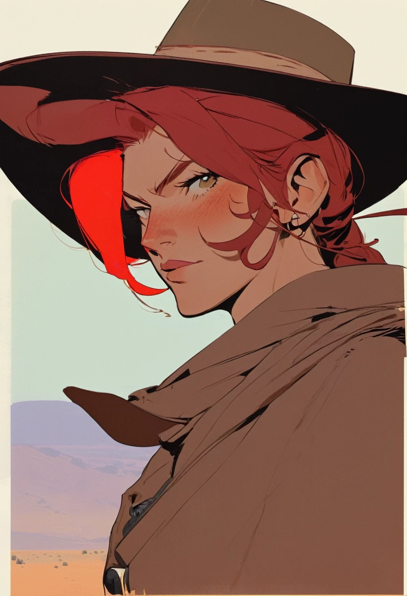 score_9, score_8_up, score_7_up, score_6_up, score_5_up, score_4_up, 1man, Western, Desert, Dark night, Horizon, far away, Wild West, red dead Redemption, cartoon art style, Red hair with two strands popping out at the front, Hair bun, Thick mustache, solo, male, Revolver, Gunslinger, cowboy hat, Rude 
