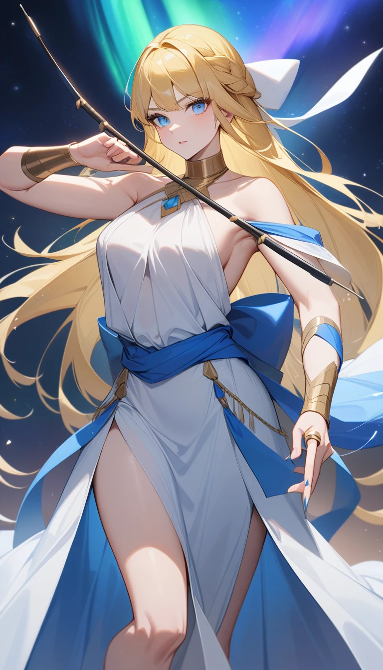 （Huang Li、high quality、Extremely detailed），Constellation-Sagittarius Goddess，Huge bow，Woman shooting arrows，Similar to Latin goodness，brave，capricious，Productivity，The face of enterprising and humanitarianism，Long yellow hair，Ancient Greek costumes、Wrap Dress，Conservative clothing，The background is the aurora，Crystal blue eyes（Eyes Details），Powerful appearance, Correct anatomy