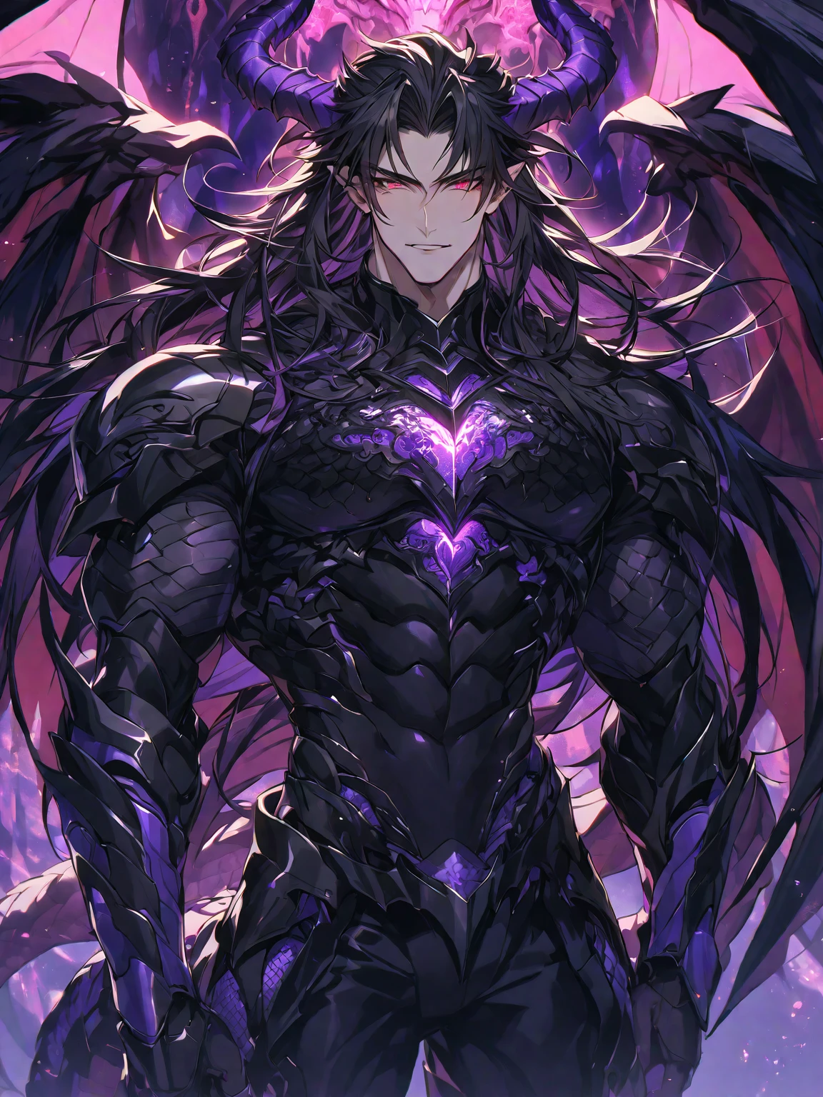 One, handsome, 1 man, with a sporty body, V-shaped body, black detailed armour with glowing purple details, black dragon horns, black dragon wings long hair, black hair, purple with red reptile eye tones, purple threads, black light
