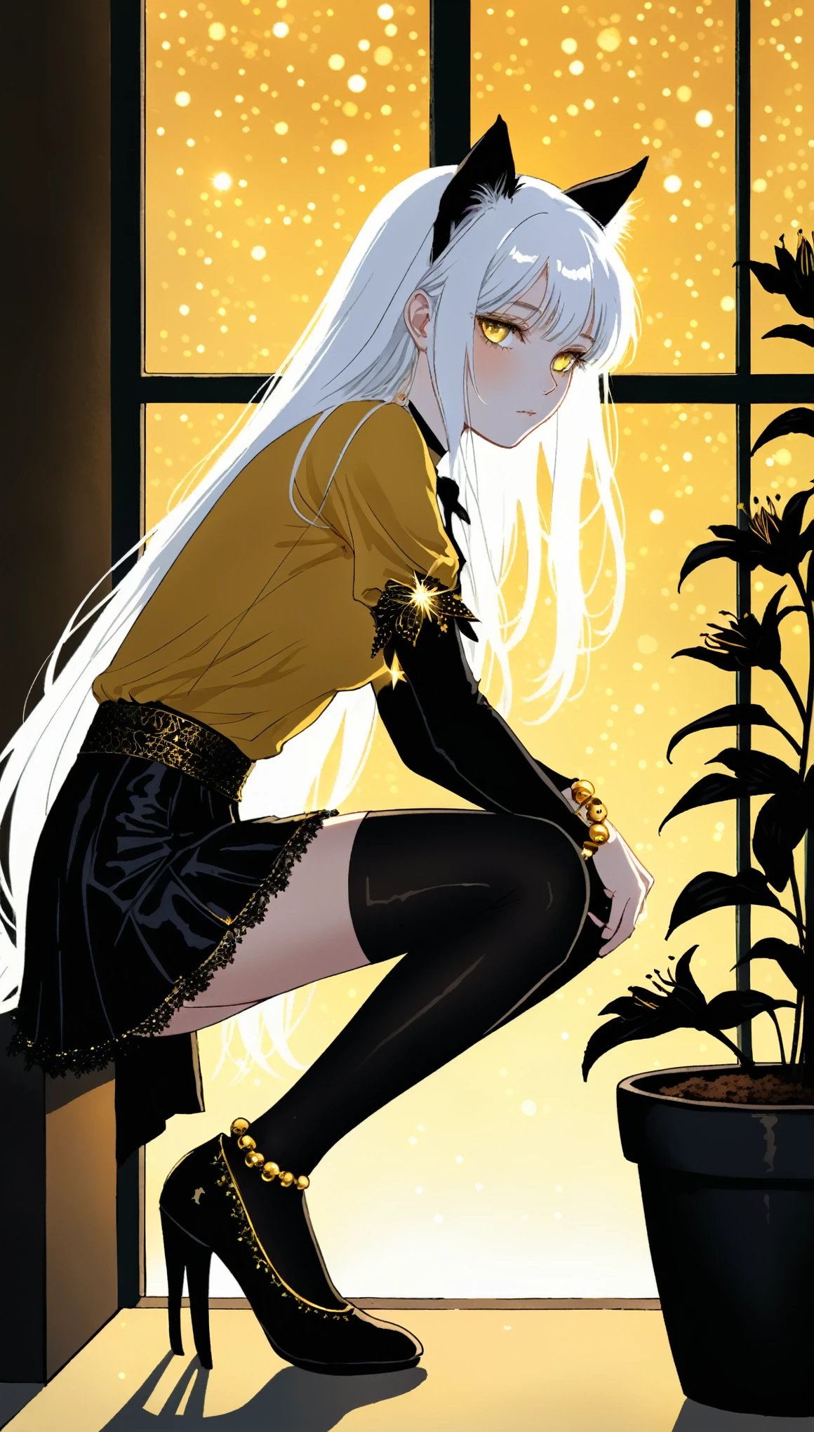 in style of Harry Clarke，1girl,Yellow shirt,black leather skirt,Squatting,(adjusting footwear:2),Cat ear,Black stockings,Long hair falling down,The light from the window shines through my hair,from side,(spend a leg:1.3),tie,Small bell bracelet,heles,
BREAK
Looking at the audience,(White long hair:1.1),indoor,Yellow background,Background blur,Black Lily Flower Pot,Golden Hour,depth of field,chiaroscuro,sparkle,comic 2.5d hand-drawn style,trending on deviantart,(look at the viewer:2.2)