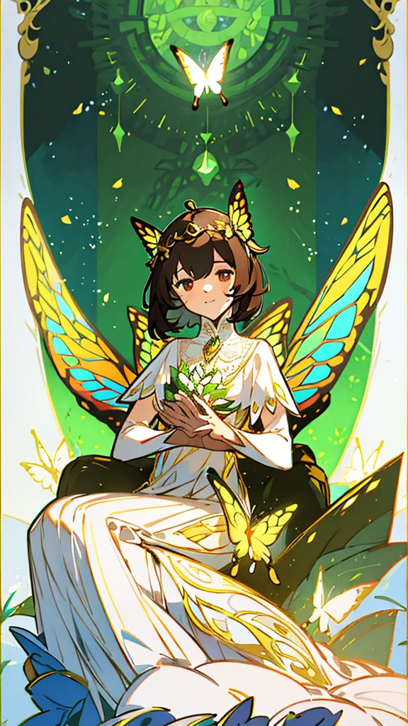 1 girl, dark brown hair, gold eyes, White skin, dressed in a white dress with lace and pleats, butterfly shaped fairy wings, majestic and elegant posture, whole body, sitting on a tree throne, green lights, flower crown on her head, soft smile, gentle.