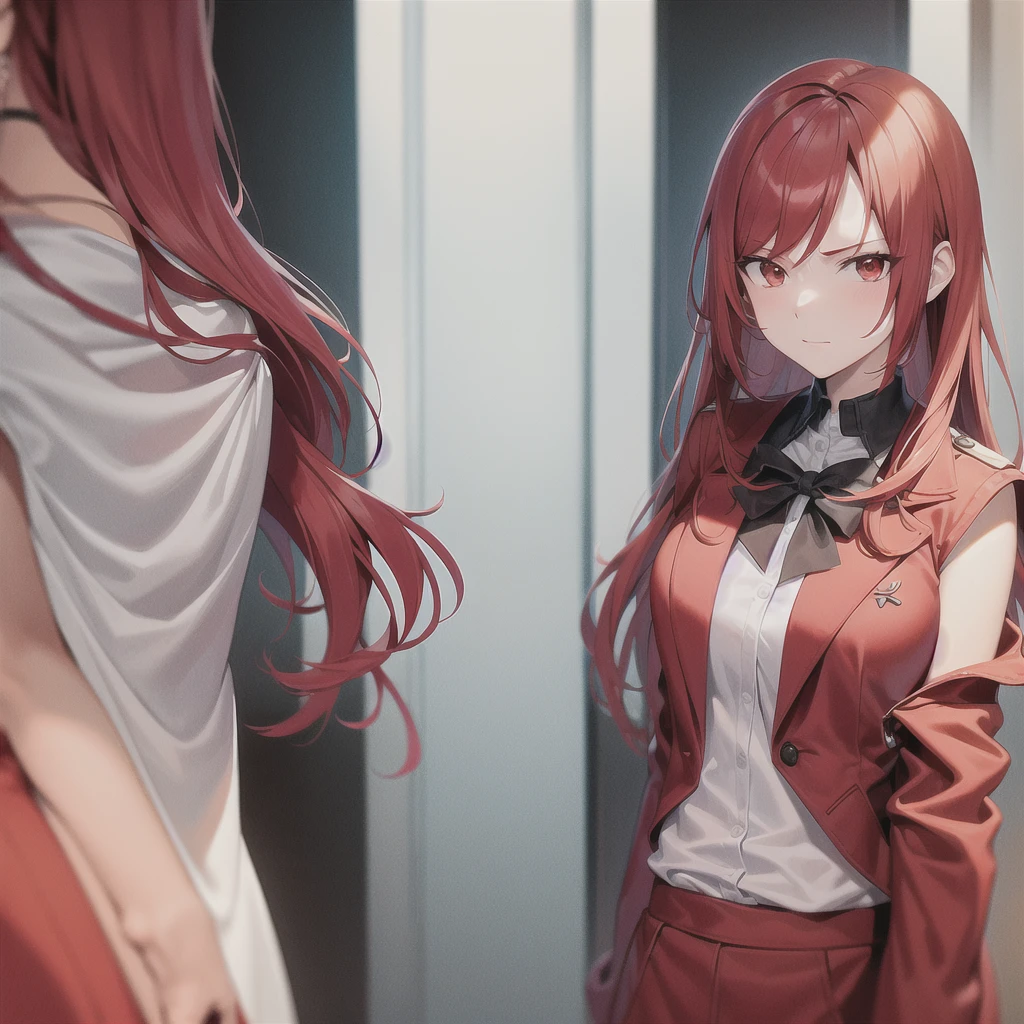 red hair, black jacket with red undertones, white dress, deep orange eyes, only one person, smug look, mature and older look, animemanga girl, detailed key animation art, changli