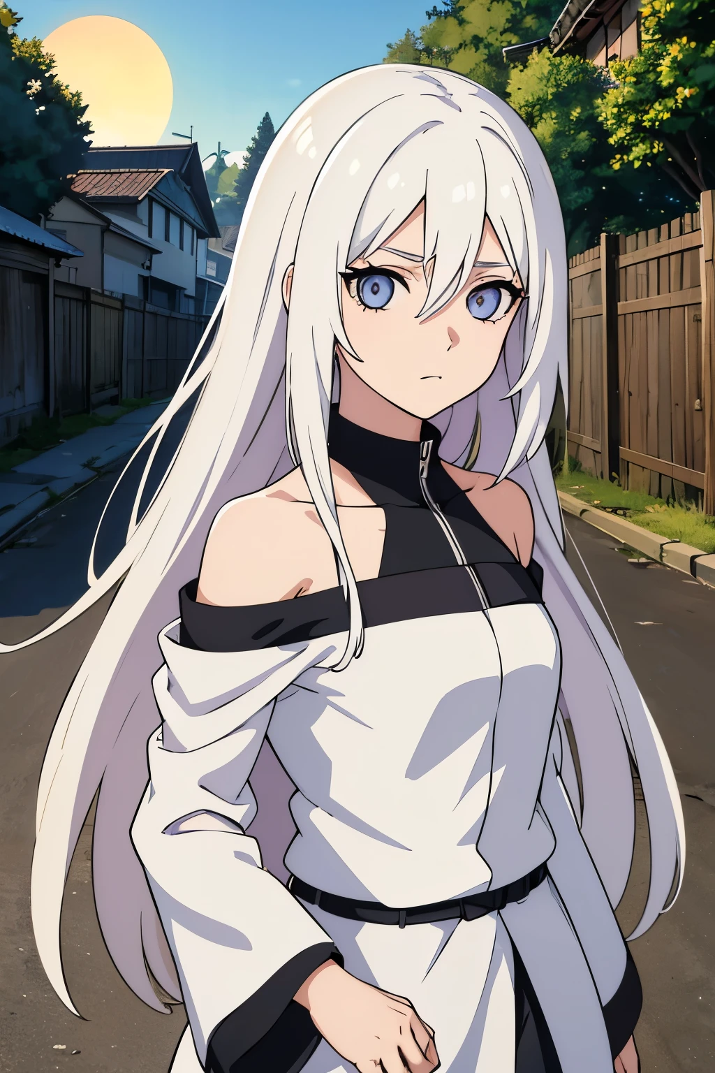 (high-quality, breathtaking),(expressive eyes, perfect face) portrait, Symmetrical Eyes, 1girl, solo, white hair, white coloured eyes, anime naruto art style, medium length hair, fluffy hair, feminine face, sky, sun, konohavillage, alleyway, naruto background, trees, hyuga, Ōtsutsuki, naruto ninja attire, neutral expression, soft smile, purple and black clothing, white trim, long sleeves, white dress, hair between eyes, bare shoulders, jacket, cowboy shot
