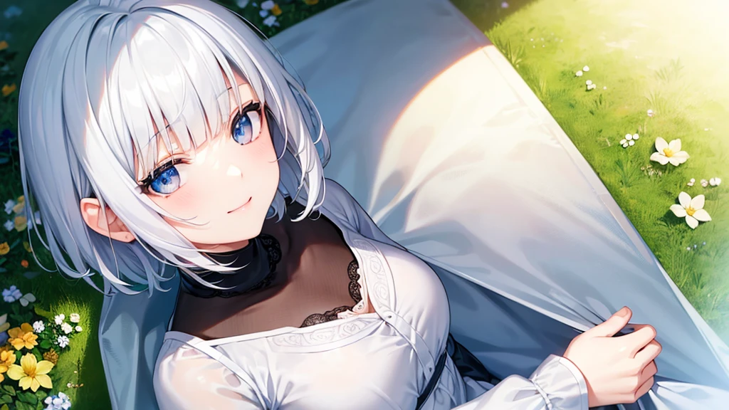 Ultra HD,Look at the viewers, Put your hands behind your back, With a girl, 20-year-old, 非常にShort Hair, Long bangs between the eyes, Pale blue eyes,  Very detailed,(masterpiece、Highest quality),Gray Hair、Laughter、Fantastic, Silver Hair, Iris,  Short hair、 Fluttering Hair、Small Face、明るいsmile、(Detailed face) ,Professional Lighting,Wonderful landscape,blue sky, sunlight,Looking down from above,Portraiture、Open your mouth、Flower Field、Her eyes were shining、Mysterious and enchanting atmosphere。With AI Painting、とてもShort Hair, Long bangs between the eyes, Very detailed,(masterpiece、Highest quality)、alone、Gray Hair、Fantasy, Silver Hair, Fantasyな風景、smile、Open your mouth、short hair、Short Hair、hairpin、black eye、Grey Eyes、Beautiful Eyes、White shirt、Jacket、I can see the neck、The clavicle is visible
