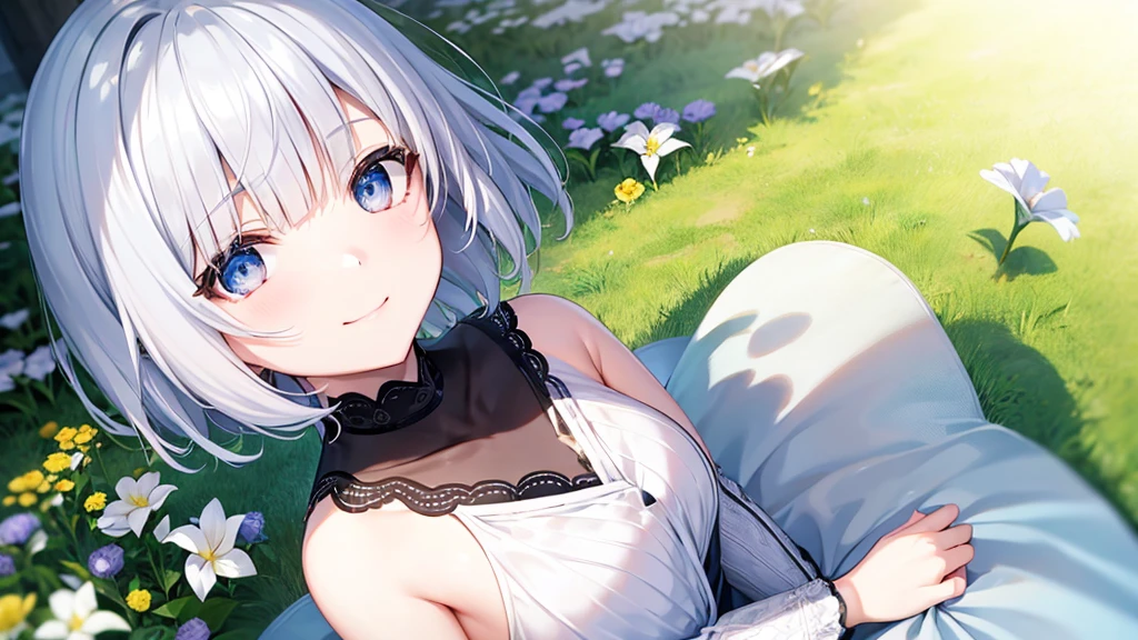 Ultra HD,Look at the viewers, Put your hands behind your back, With a girl, 20-year-old, 非常にShort Hair, Long bangs between the eyes, Pale blue eyes, Very detailed,(masterpiece、Highest quality),Gray Hair、Laughter、Fantastic, Silver Hair, Iris, Short hair、 Fluttering Hair、Small Face、明るいsmile、(Detailed face) ,Professional Lighting,Wonderful landscape,blue sky, sunlight,Looking down from above,Portraiture、Open your mouth、Flower Field、Her eyes were shining、Mysterious and enchanting atmosphere。With AI Painting、とてもShort Hair, Long bangs between the eyes, Very detailed,(masterpiece、Highest quality)、alone、Gray Hair、Fantasy, Silver Hair, Fantasyな風景、smile、Open your mouth、short hair、Short Hair、hairpin、black eye、Grey Eyes、Beautiful Eyes、White shirt、Jacket、I can see the neck、The clavicle is visible