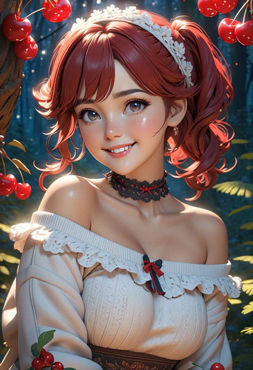 masterpiece, best quality, highly detailed, 1girl, solo, twintails, off-shoulder sweater, cherry red hair. choker, jacket, hairband, looking at viewer, smile, blush, Wide Smile, Eyes Detailed & Wide, sexy Pose. Ultra HD, Rococo-Inspired Fantasy Art With Intricate Details. Cute, Charming Expression, Alluring-Gaze, looking at viewer Beautiful Eyes, An-Ideal-Figure. Large Youthful Well-Shaped-Breasts, Massive-Round-Bosom, Décolletage. slim waist, fit body, full lipsWarm lights , woman in a dreamy forest at night, with fluffy hair, delicate face, realistic, real, slim, large aperture, sexy shots, attractive poses,Stunnin gly beautiful merge of jay Leno. symmetrical face, photorealistic, photography, path tracing, specular lighting, volumetric face light, path traced hairmaximum quality{(masutepiece) (8K High Resolution) (top-quality) In the style of breath of the wild. Freckles, think unibrow.