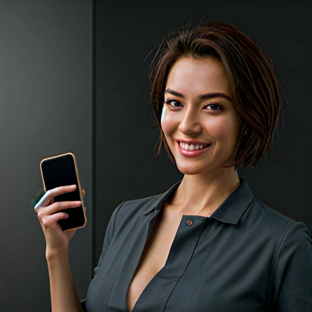 masterpiece, best quality, day, 😉, arm at side , smartphone , light smile, short hair, female, photo, real, realistic, masterpiece,best quality,official art,extremely detailed CG unity 8k wallpaper,