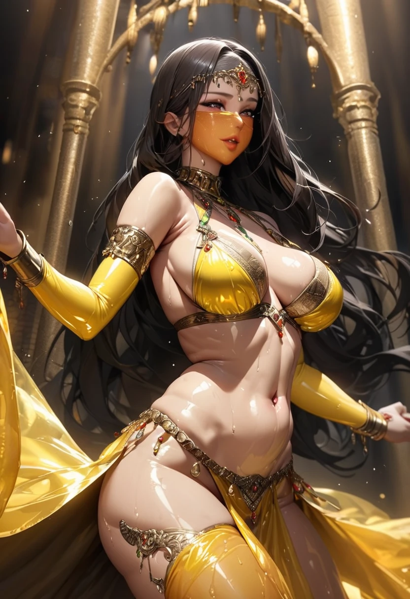 Young beautiful woman,(Highest quality,Extremely detailed depiction,Incredibly absurd high resolution,Anatomically accurate depiction,Curvy Legs),(Glowing Skin,Shiny skin,Oilskin),Sexy belly dancer,Gorgeous belly dance costumes,((A face veil that covers the lower half of the face)),Golden Accessories,A seductive smile,Large Breasts,Glossy Lips,Sweat,Dancing belly dancing,background:Night Bar