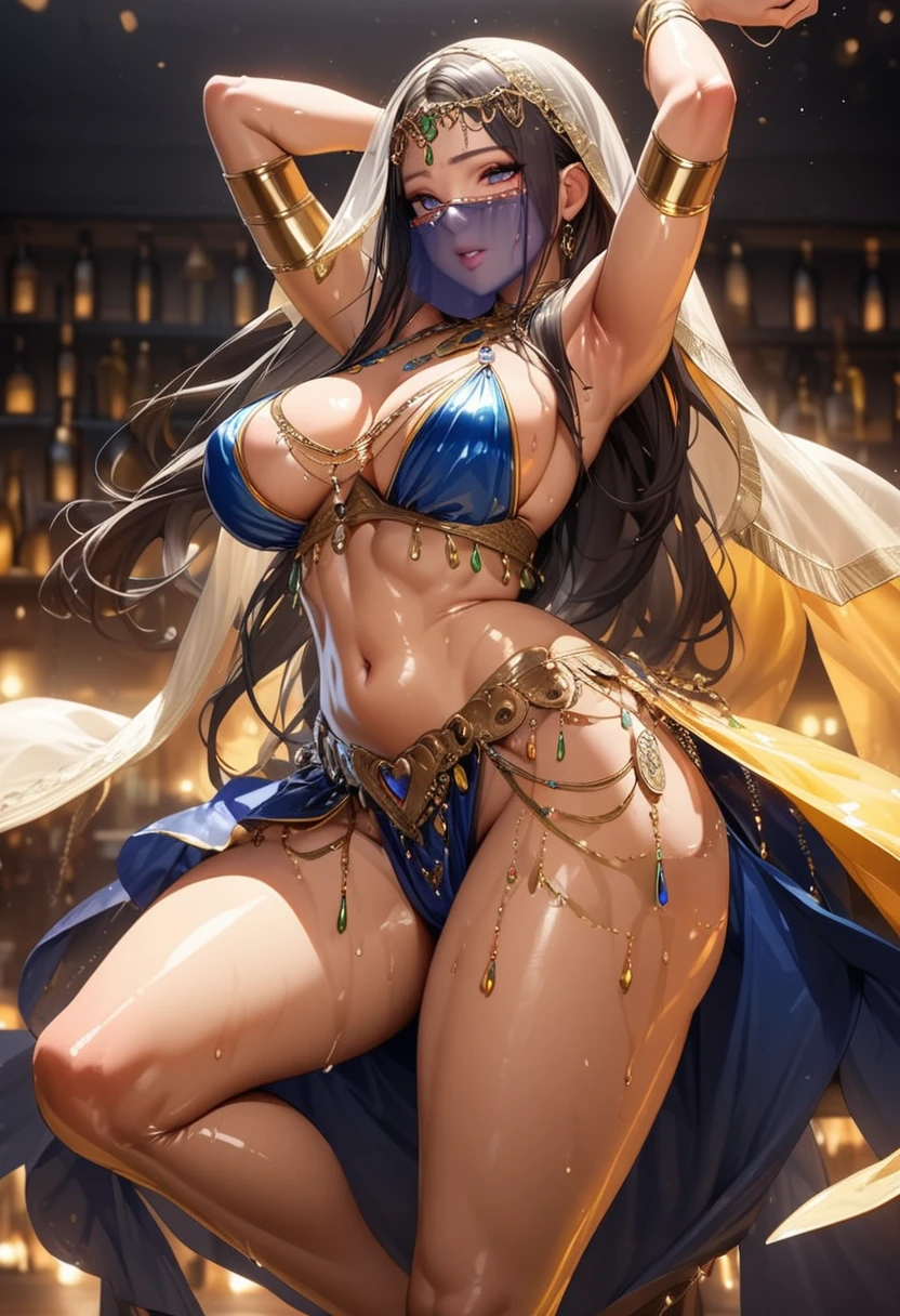 Young beautiful woman,(Highest quality,Extremely detailed depiction,Incredibly absurd high resolution,Anatomically accurate depiction,Curvy Legs),(Glowing Skin,Shiny skin,Oilskin),Sexy belly dancer,Gorgeous belly dance costumes,((A face veil that covers the lower half of the face)),Golden Accessories,A seductive smile,Large Breasts,Glossy Lips,Sweat,Dancing belly dancing,background:Night Bar