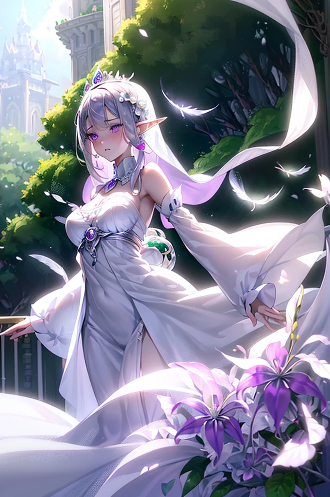 Emilia princess from Re:Zero kara Hajimeru Isekai Seikatsu, half elf, ((gorgeous white and purple elegant silk wedding dress, holding a bunch of clematis, silk accesory, veil, silver necklace, diamond ring, flower earring, belt, collar, silver crown, silk long sleeves)), grace hair style, garden background, ((perfect body shape, medium breast, empress and forzen aura, flower and feather flying effect, clean detailed skin, silver and light purple pupil, blush)), best quality anime 16k wallpaper quality, extreme eye and body detail, spiral energetic girl, spirit around, high resolution , masterpieces, ultra lighting,