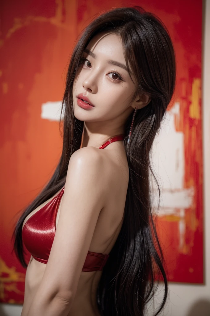 sexy model, cyberpunk style, in bikini, red theme, long hair, looking at viewer, high contrast (Natural skin texture, Hyperrealism, Soft Light, sharp), portrait, standing, korean, (masterpiece), (painting realistic : 1.3), (ultra high resolution: 1.0 ), (((best quality, 8 thousand, masterpiece:1.4)), (perfectly beautiful woman, perfectly beautiful face, Perfectly beautiful eyes, perfectly beautiful nose, perfectly beautiful lips)