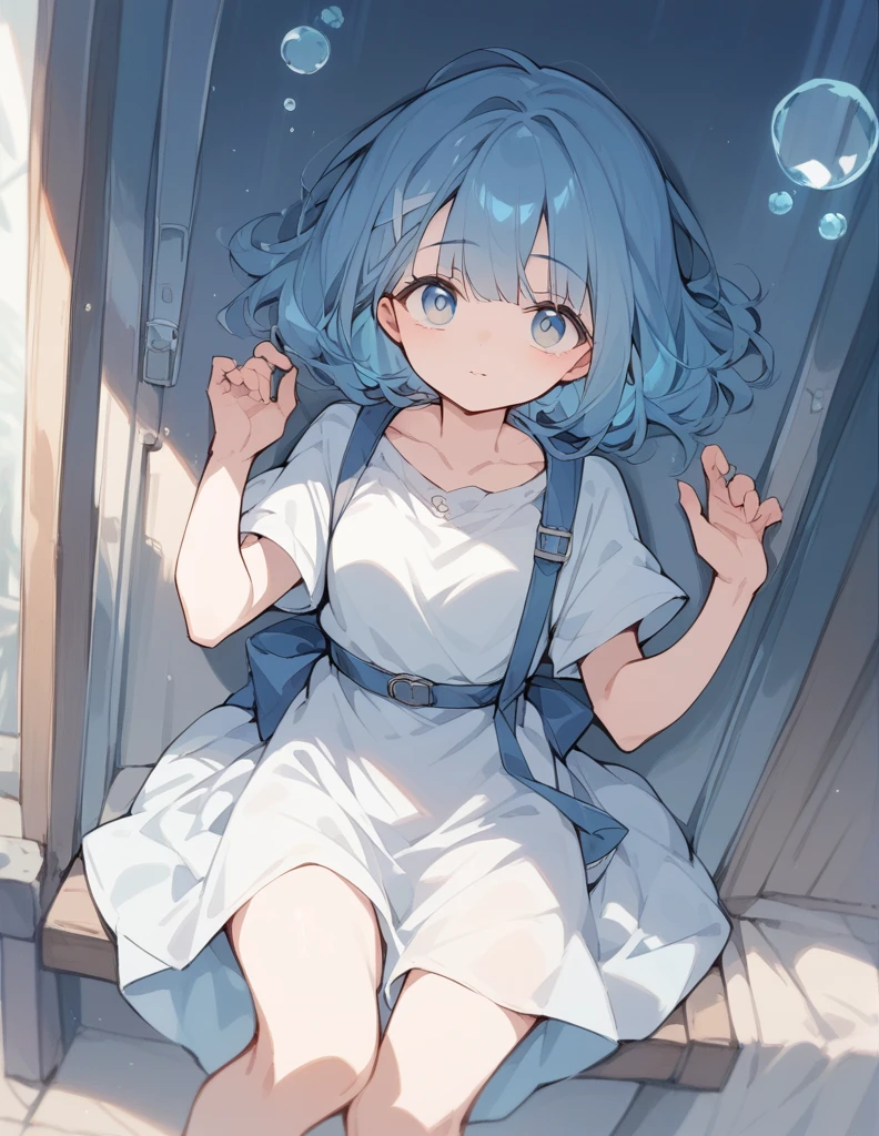 (masterpiece:1.2),(anime),Blue World、Glass-like transparency、One Girl、cute、White dress with blue accents、Light effects