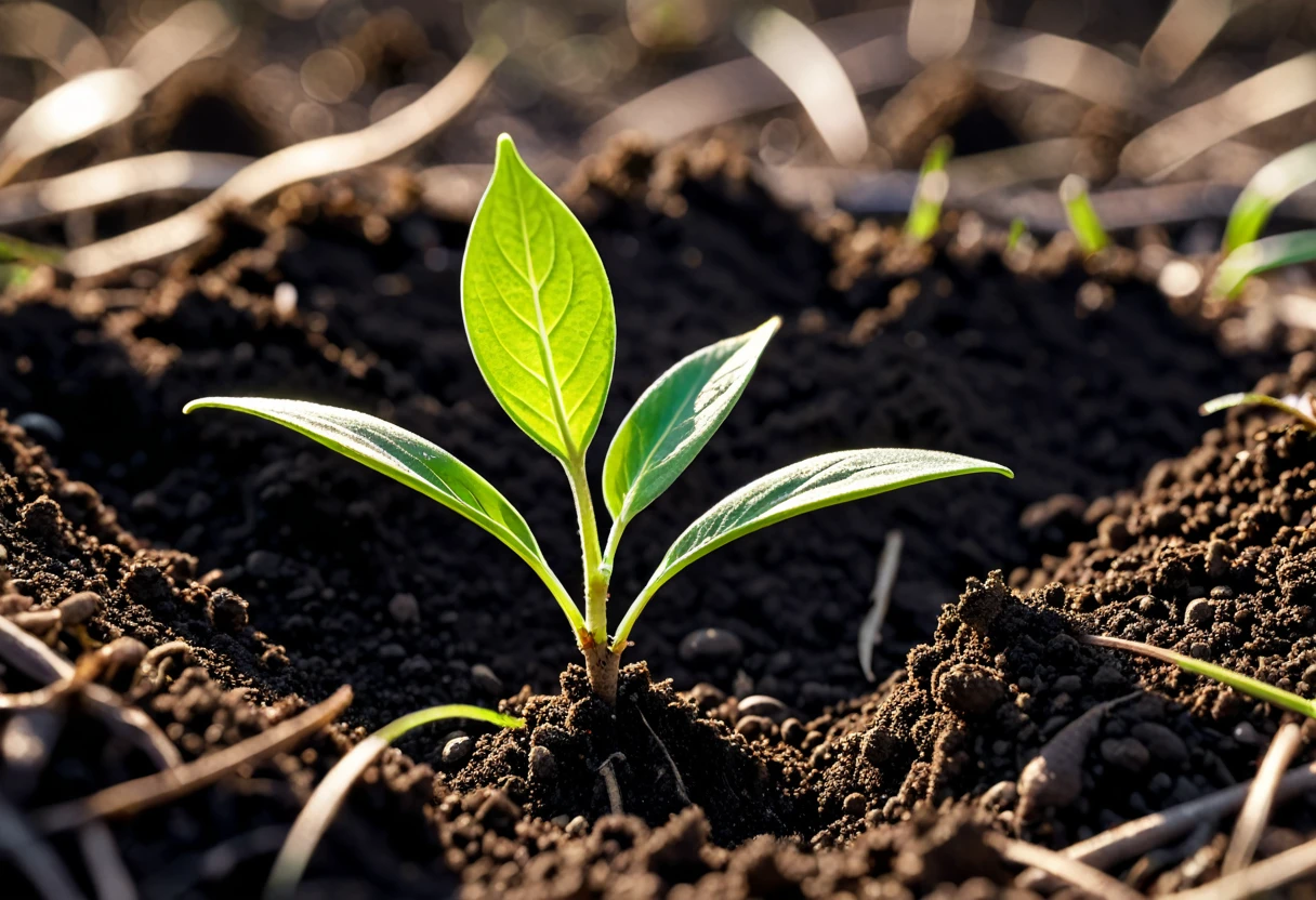 Generate a highly detailed and vibrant close-up photo of a tree seedling emerging from the soil, symbolizing new growth and renewal for Earth Day. The scene should capture the delicate, bright green leaves of the seedling as they unfurl from the stem, with fine details visible on the leaves and stem. The rich, dark soil should appear moist and textured, with small particles and organic matter clearly visible. Soft, natural lighting should create a gentle glow, highlighting the freshness and vitality of the young plant. The background should be softly blurred to keep the focus on the seedling, evoking a sense of hope and connection to nature. This photo should be visually captivating and convey the essence of Earth Day and the importance of nurturing our planet.