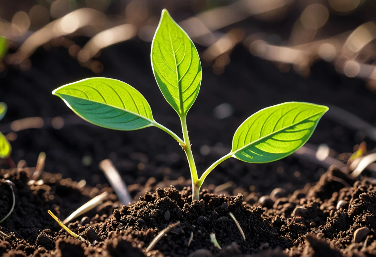 Generate a highly detailed and vibrant close-up photo of a tree seedling emerging from the soil, symbolizing new growth and renewal for Earth Day. The scene should capture the delicate, bright green leaves of the seedling as they unfurl from the stem, with fine details visible on the leaves and stem. The rich, dark soil should appear moist and textured, with small particles and organic matter clearly visible. Soft, natural lighting should create a gentle glow, highlighting the freshness and vitality of the young plant. The background should be softly blurred to keep the focus on the seedling, evoking a sense of hope and connection to nature. This photo should be visually captivating and convey the essence of Earth Day and the importance of nurturing our planet.