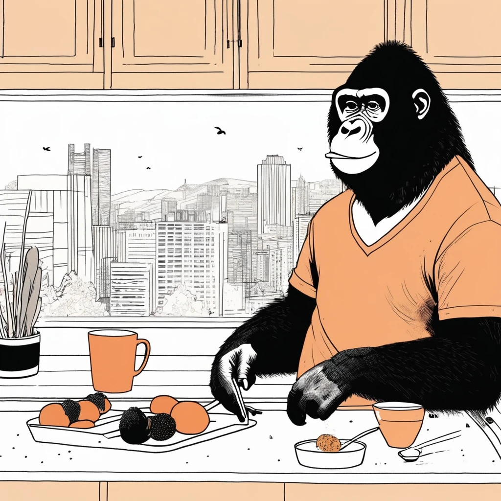 gorilla-like , sweet,art by Sophie Roach , art by Jon Klassen , art by Michael Cho , art by Sophie Roach、sunglasses,cooking,city