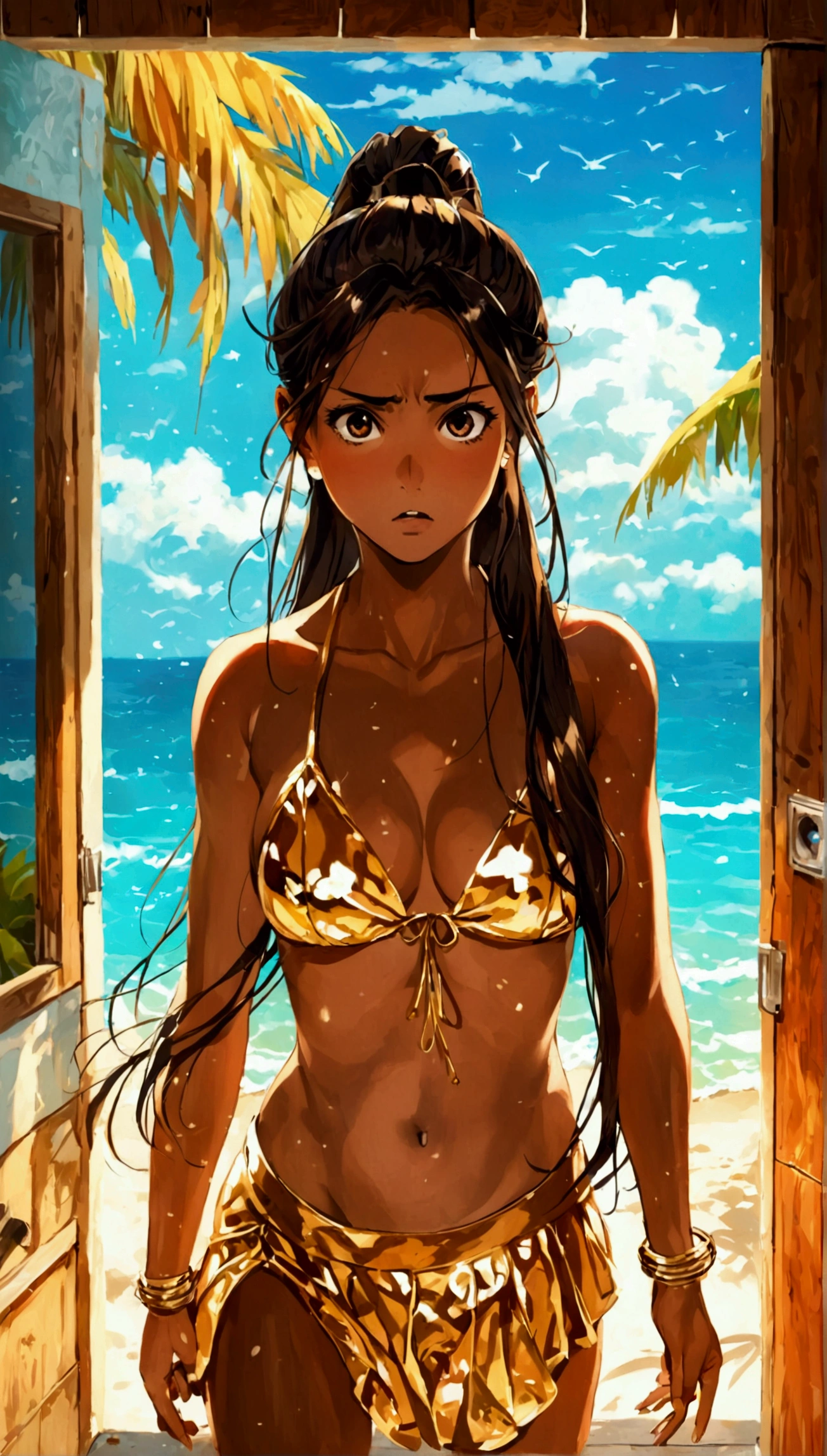 A beautiful woman, in her 20's, indifferent, annoyed, insensitive, in the hallway, in a beach house, mid-day, yelling, raising arm, commanding, in the direction of the sea, aerial view, top focus, looking up at the ceiling, /(tanned brown skin, extremely long straight dark brown hair combed into a ponytail, brown eyes,), /(Beachwear: short pleated skirt of light fabric, golden bikini, unbuttoned blouse, sandals,),