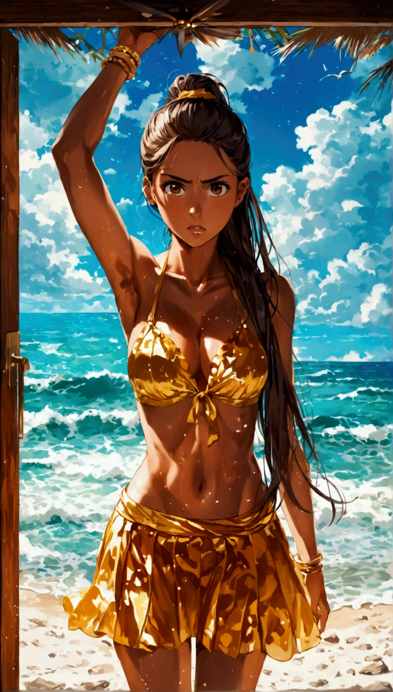 A beautiful woman, in her 20's, indifferent, annoyed, insensitive, in the hallway, in a beach house, mid-day, yelling, raising arm, commanding, in the direction of the sea, aerial view, top focus, looking up at the ceiling, /(tanned brown skin, extremely long straight dark brown hair combed into a ponytail, brown eyes,), /(Beachwear: short pleated skirt of light fabric, golden bikini, unbuttoned blouse, sandals,),