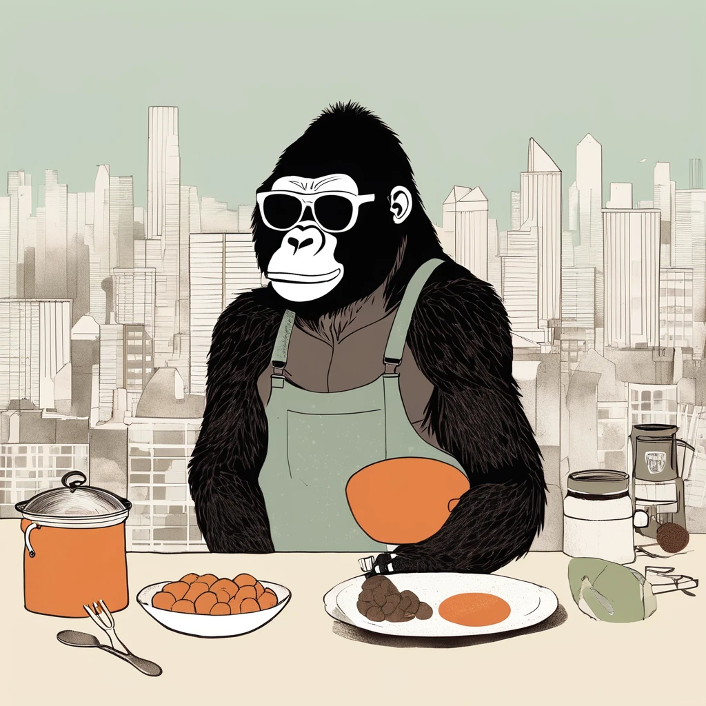 gorilla-like , sweet,art by Sophie Roach , art by Jon Klassen , art by Michael Cho , art by Sophie Roach、sunglasses,cooking,city