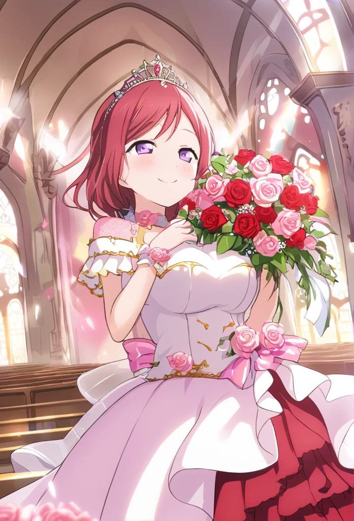 Maki Nishikino　Red hair　Purple eyes　Medium Long Bob　tiara　Red Wedding Dress　Pink flower decoration dress　church　smile　Huge breasts　Shining　Tears of joy　Bouquet of red roses