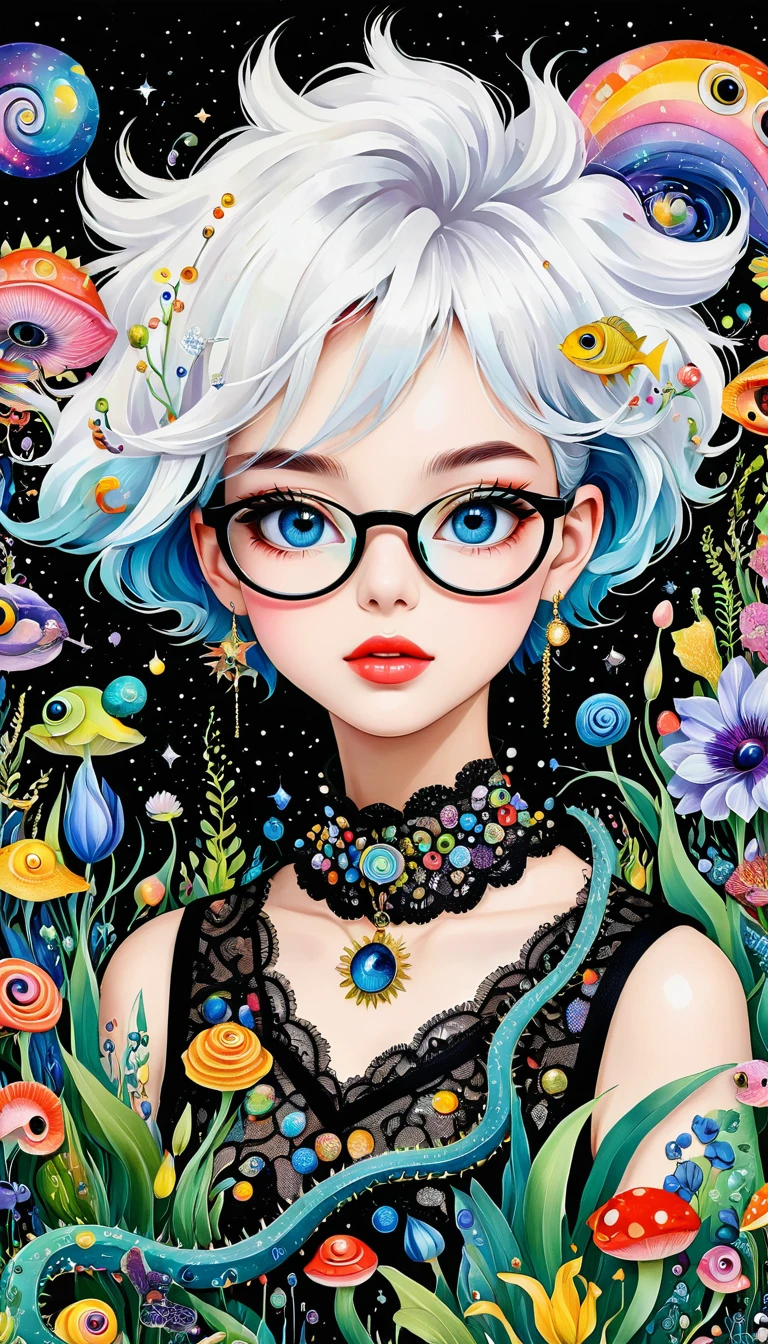 Three-dimensional painting。头上的snails房子,Exaggerated plant glasses。Black layered lace collar。。Spiky hair,Artists from the stars,Colorful black,A world of color,Dopamine,mouth,A cloud、snails、iris、fish、Tentacles、bird、Eye、diatom,Abstract mosaic painting,Describing the inner world of autism,Sense of space,White Space,interesting,Innocence,Psychedelic Art,Black overall