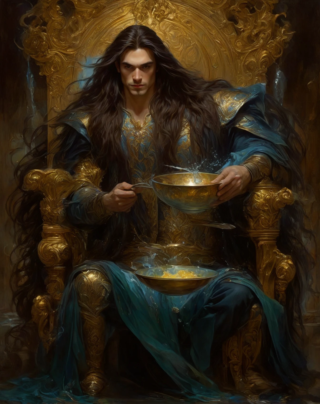 a painting of a man with long hair sitting on a throne holding a bowl, gaston bussiere and artgerm, peter mohrbacher donato giancola, style of donato giancola, sword and wand – water, graphic artist magali villeneuve, ross tran and bayard wu, james jean marc simonetti, hyperdetailed | donato giancola