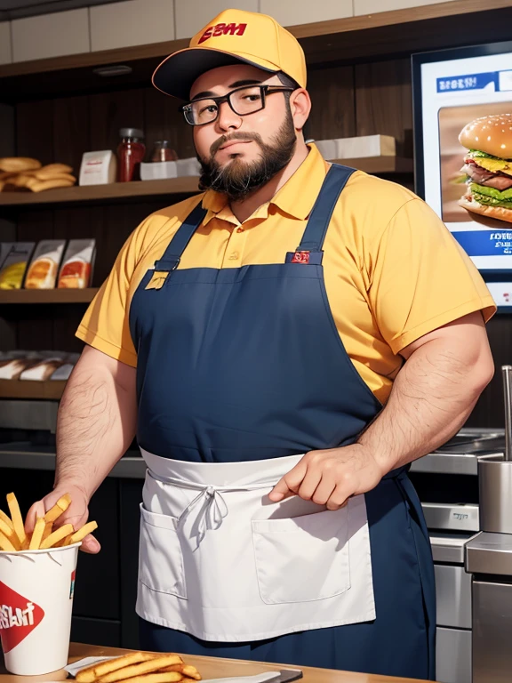 (Yossan), Glasses, beard,Brown eyes, Fat, 1 boy, Image of a fast food worker preparing burgers and fries in front of a fryer。The uniform colors are used for the uniforms.、Wearing an apron and cap。As in-store equipment、Drink dispensers and promotional signs are visible.、The store's cleanliness and vibrancy are emphasized.。