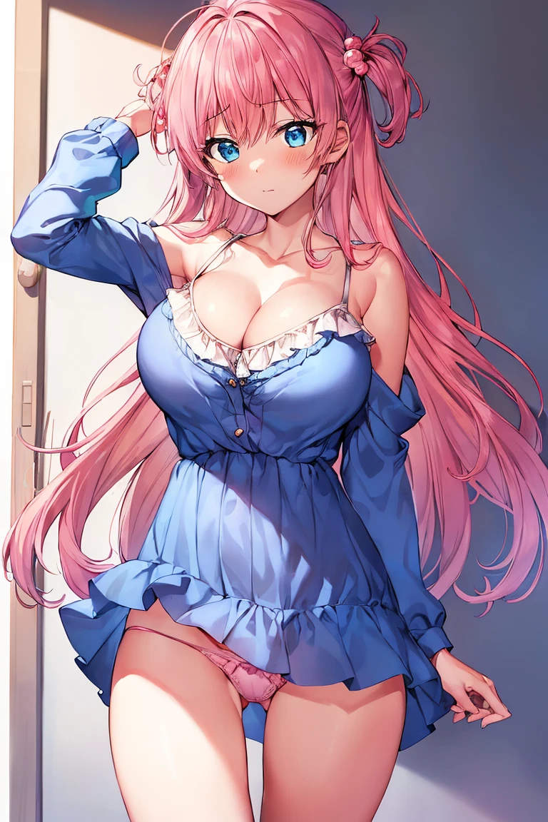 (extremely detailed CG unity 8k wallpaper), (masterpiece), (best quality), (ultra-detailed), (best illustration), (best shadow), (absurdres), ((female body)), 1girl, solo,Akari, 1girl, pink hair, hair ornament, blue eyes, solo, , cowboy shot, mini skirt left, showing pink panty, happy ,blush,big breast, cleavage of body