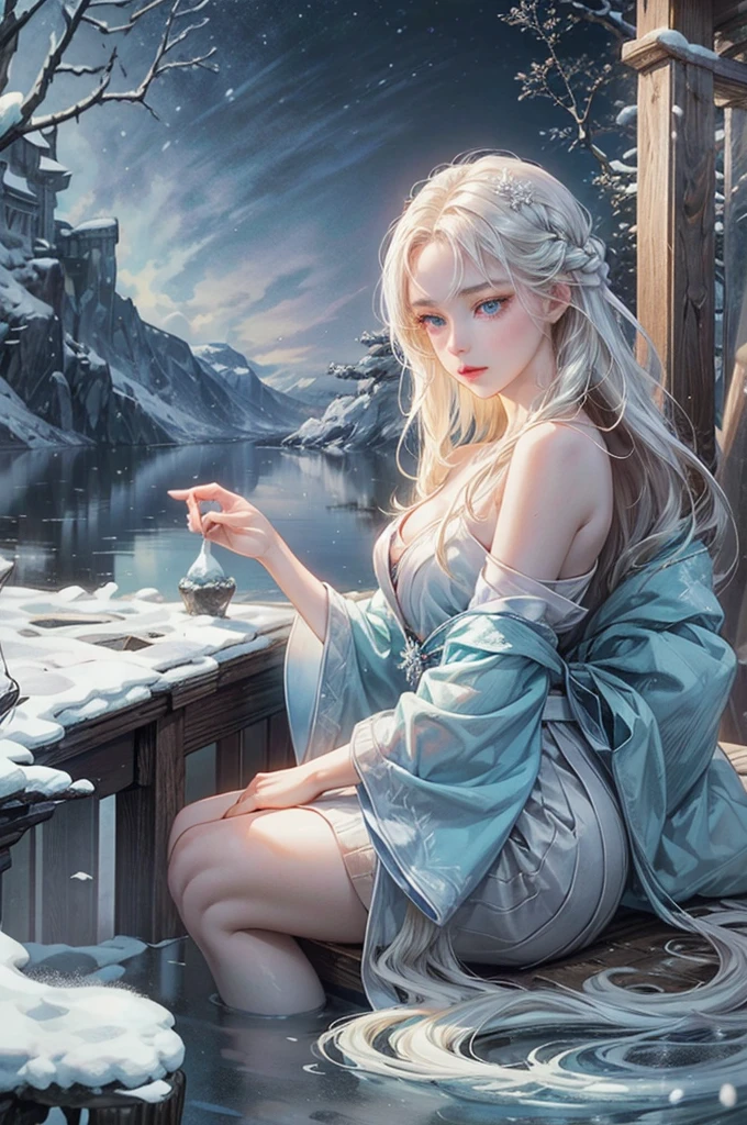 detailed anime girl, beautifully detailed eyes, beautifully detailed lips, skin like ice, long flowing hair, glowing eyes, snowflake pattern, winter landscape, japanese legend, frozen lake, bare tree, soft, photorealistic, 8k, hyper detailed, masterpiece, intricate details, vibrant colors, cinematic lighting, dramatic shadows, ethereal, whimsical, magical