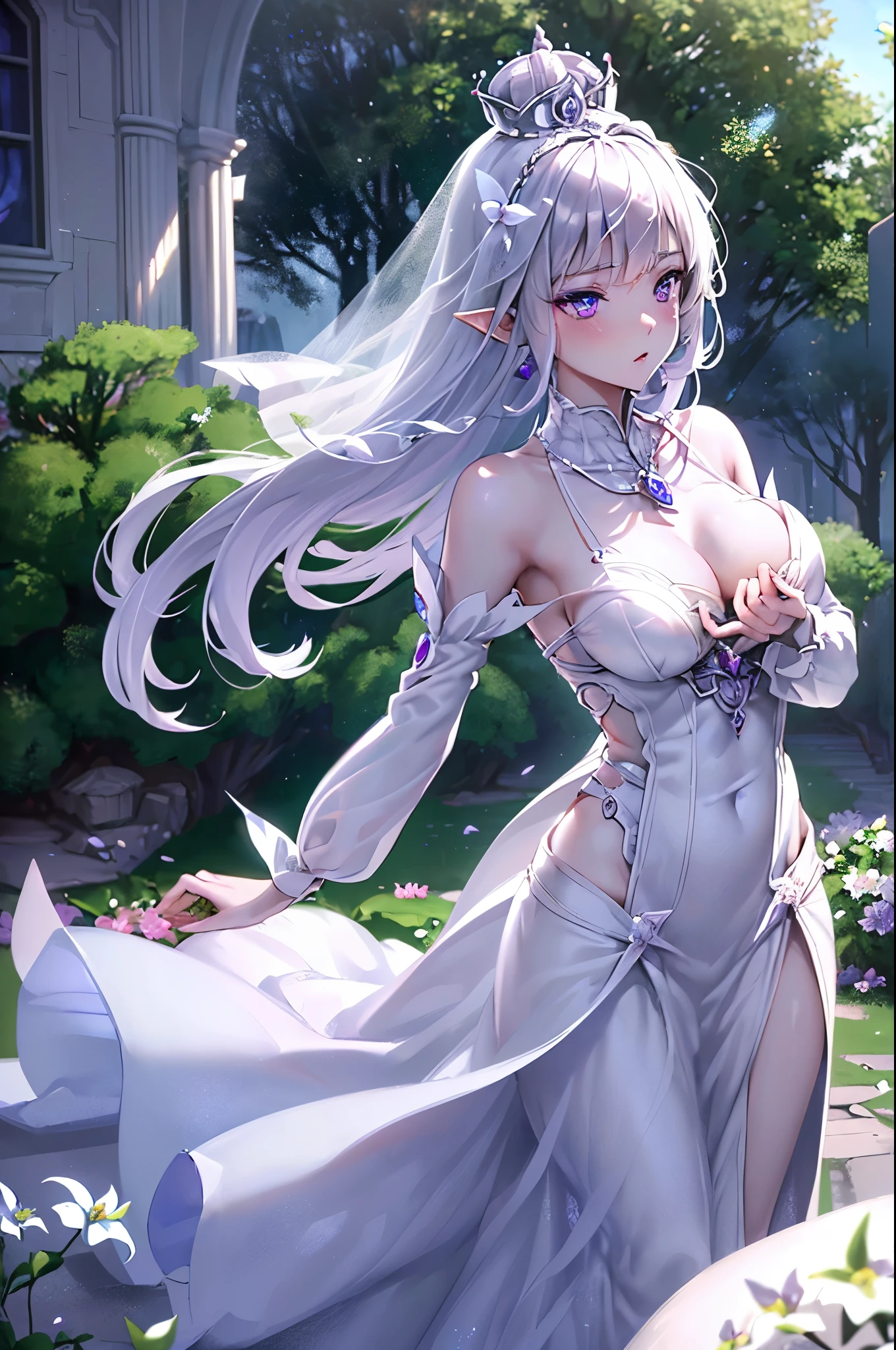 Emilia princess from Re:Zero kara Hajimeru Isekai Seikatsu, half elf, ((gorgeous white and purple elegant silk wedding dress, holding a bunch of clematis, silk accesory, veil, silver necklace, diamond ring, flower earring, belt, collar, silver crown, silk long sleeves)), grace hair style, garden background, ((perfect body shape, medium breast, empress and forzen aura, flower and feather flying effect, clean detailed skin, silver and light purple pupil, blush)), best quality anime 16k wallpaper quality, extreme eye and body detail, spiral energetic girl, spirit around, high resolution , masterpieces, ultra lighting,