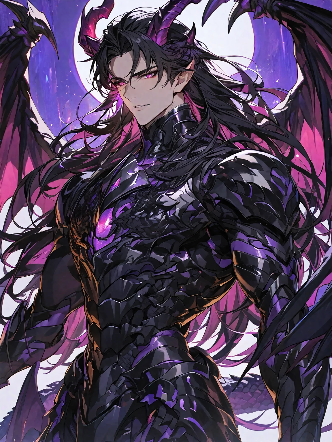 One, handsome, 1 man, with a sporty body, V-shaped body, black detailed armour with glowing purple details, black dragon horns, black dragon wings long hair, black hair, purple with red reptile eye tones, purple threads, black light