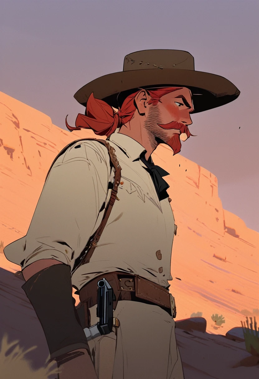 score_9, score_8_up, score_7_up, score_6_up, score_5_up, score_4_up, 1man, Western, Desert, Dark night, Horizon, far away, Wild West, red dead Redemption, cartoon art style, Red hair with two strands popping out at the front, Hair bun, Thick mustache, solo, male, Revolver, Gunslinger, cowboy hat, Rude