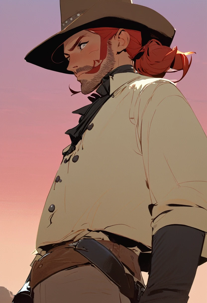 score_9, score_8_up, score_7_up, score_6_up, score_5_up, score_4_up, 1man, Western, Desert, Dark night, Horizon, far away, Wild West, red dead Redemption, cartoon art style, Red hair with two strands popping out at the front, Hair bun, Thick mustache, solo, male, Revolver, Gunslinger, cowboy hat, Rude 