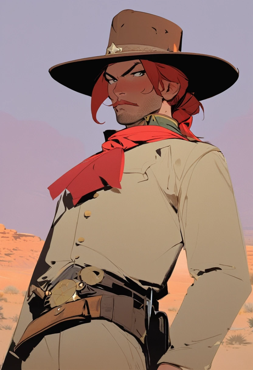 score_9, score_8_up, score_7_up, score_6_up, score_5_up, score_4_up, 1man, Western, Desert, Dark night, Horizon, far away, Wild West, red dead Redemption, cartoon art style, Red hair with two strands popping out at the front, Hair bun, Thick mustache, solo, male, Revolver, Gunslinger, cowboy hat, Rude 