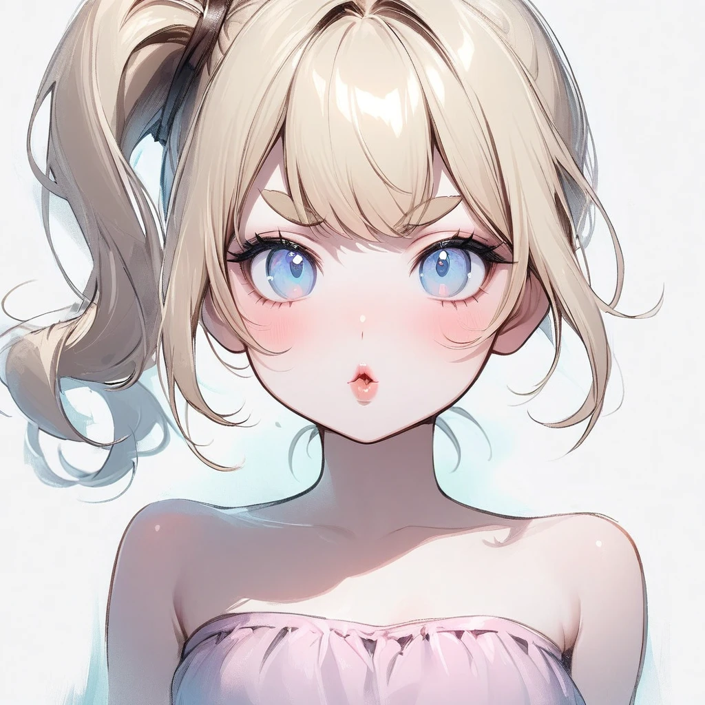 Girl, light blonde hair, pale blue eyes, rosy cheeks, lipgloss, solo, smiling, ethereal, sassy, cheeky, attitude, bright, pink strapless crop top, very light brows, pouty lips, doll-like, high side ponytail, small eyebrows