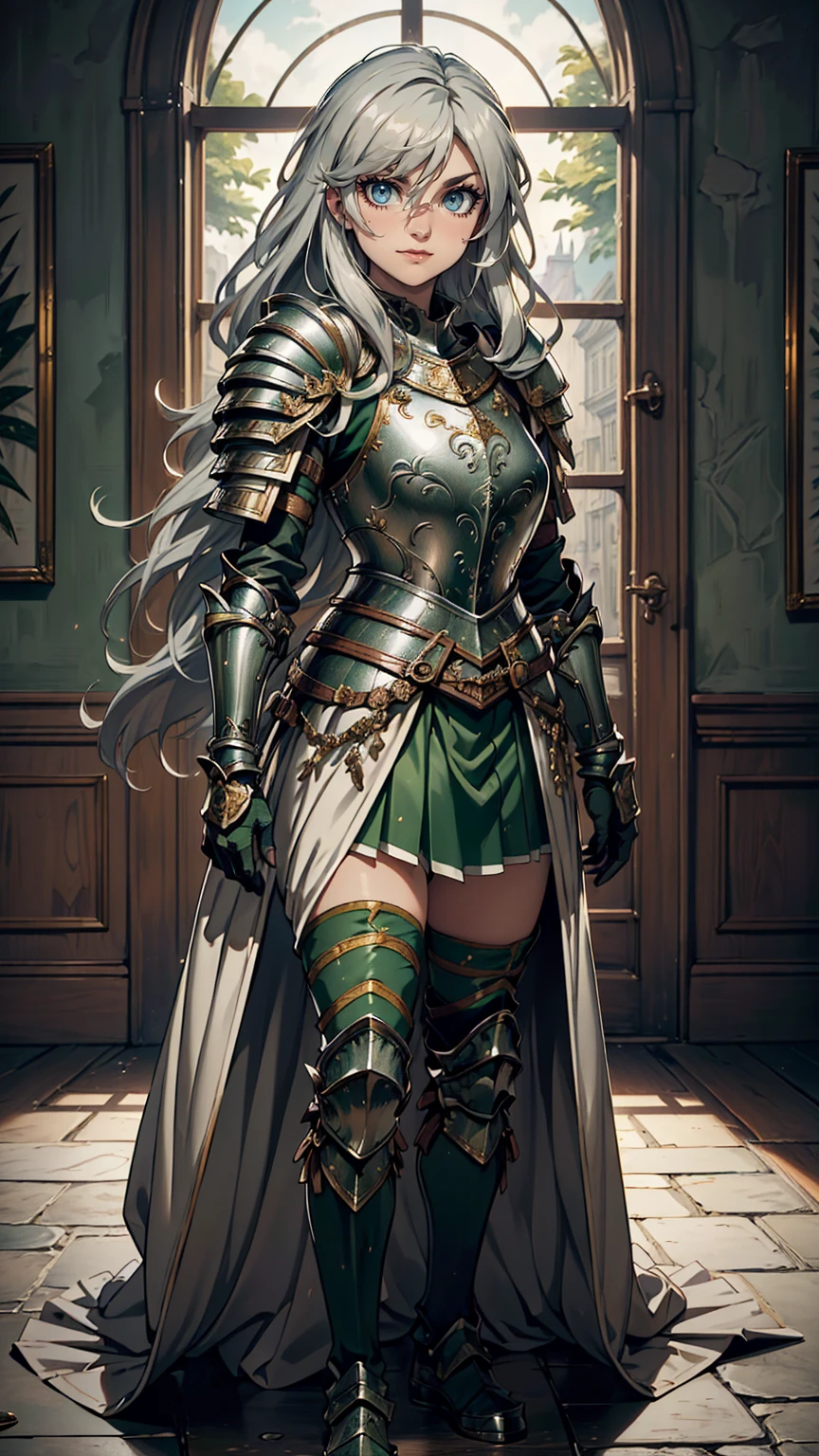 最high quality、Ultra High Definition, Ultra High Quality, Hyper Definition, Hyper Quality, Hyper Detailed, Extremely Detailed, Perfectly Detailed, Best image quality、masterpiece、anime woman((20-year-old、super dynamic pose , Green solid eyes, Silver long Hair、Disheveled Hair、Long White Hair, Glove、Green Skirt, Noble Armor, Smirk, cheerful expression, Detailed Cuirass , Dressed in Full Coverage Noble Plate Armor, leg armor)),high quality、Beautiful art、background((Inside the mansion))、Written boundary depth、 movie、Visual Arts、Perfect art、8K,Genuine、