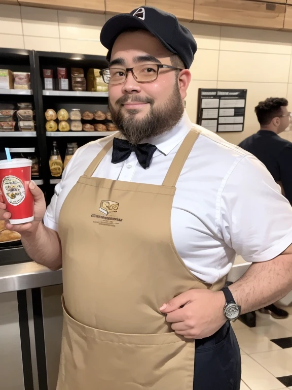 (Yossan), Glasses, beard,Brown eyes, Fat, 1 boy, uniform, apron, cap, Name tag, Polo shirt, headset, counter, register, Menu Signage, tray, Flyer, Drink dispenser, hamburger, potato, drink, straw, napkin, smile, clean, Vibrancy, Bright lighting, food court, Fast food logo, uniform color, Modern interior, Comfortable seats, Poster, Promotional Sign, Hand sanitizer