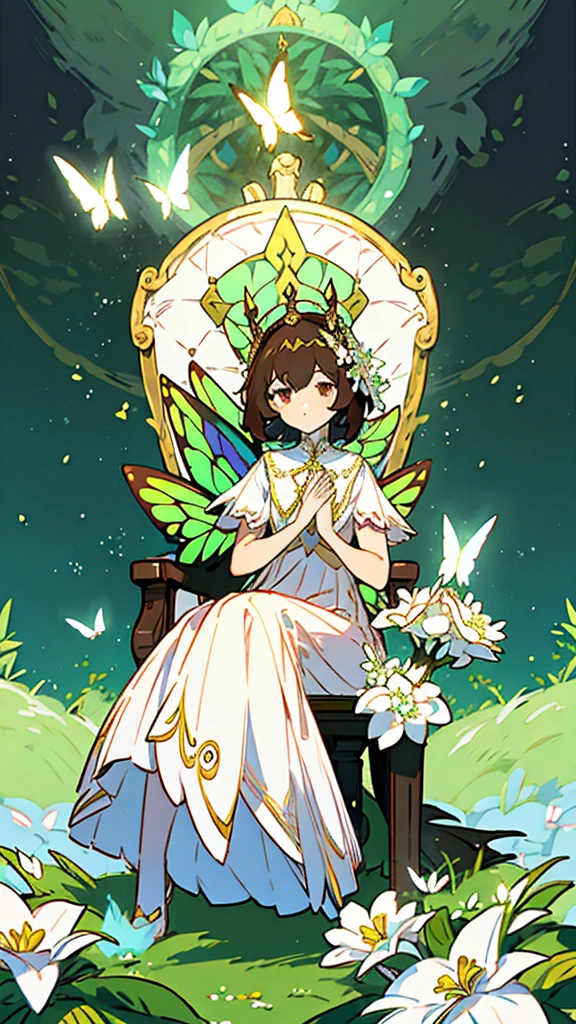 1 girl, dark brown hair, gold eyes, White skin, dressed in a white dress with lace and pleats, butterfly shaped fairy wings, majestic and elegant posture, whole body, sitting on a tree throne, green lights, flower crown on her head, soft smile, gentle. White flowers around
