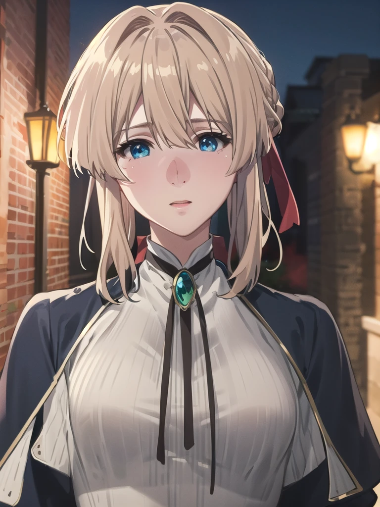 Great Joy:1.3, masterpiece, Highest quality, High resolution, Violet Evergarden, Braiding, Hair Ribbon, Red ribbon, jewelry, White Ascot, brooch, Blue jacket, Long sleeve, Brown gloves, White Dress, Long dress, Are standing, Cowboy Shot, Outdoor, unity 8k wallpaper, (figure:0.8), (Beautiful attention to detail:1.6), Highly detailed face, Perfect lighting, Highly detailed CG, (3D Face:1.1), (Shiny skin:1.5), (超High resolution intricate face details), (Facial skin pores:1.3), 超High resolution cloth texture