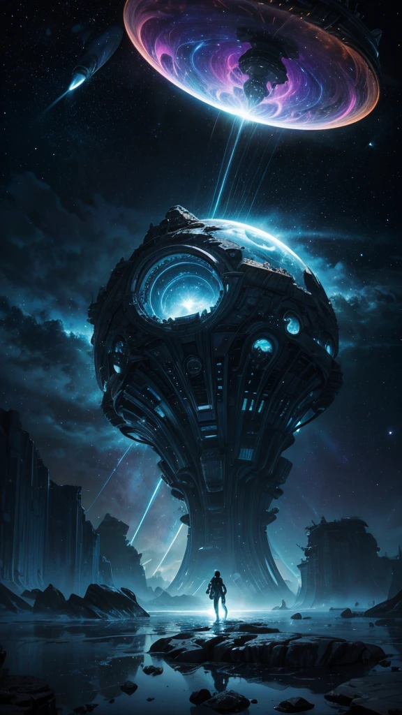 "Visualize an uncharted galaxy where colossal, bioluminescent nebulae illuminate the cosmic expanse. Among the swirling stars, a massive, ringed planet serves as the hub for an interstellar civilization. Floating cities orbit the planet, each a marvel of alien engineering, with crystalline structures and gravity-defying architecture. Alien species of various forms coexist, trading advanced technologies and rare resources. Starships of sleek, alien designs traverse the space lanes, while mysterious ancient ruins on distant moons hint at a lost, advanced race. Picture this scene with a mix of awe-inspiring celestial phenomena and cutting-edge extraterrestrial civilizations." add a UFO