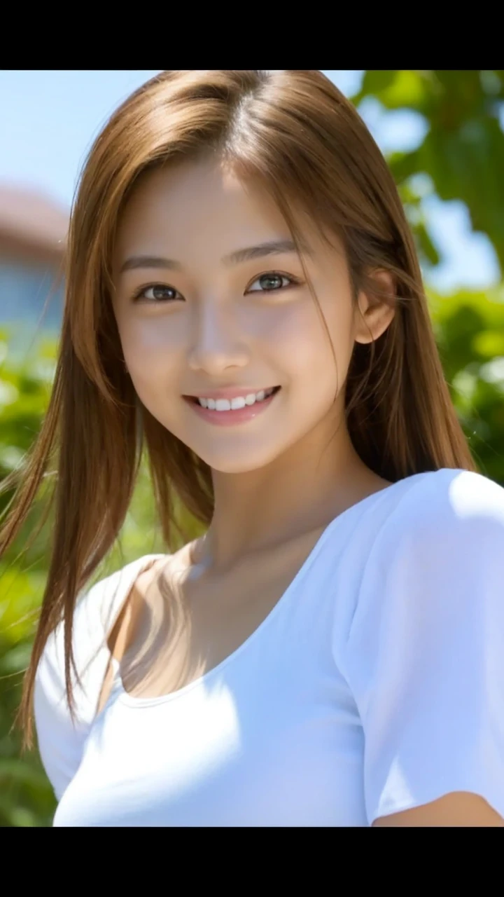 High resolution, 32k, beautiful, female, 20 years old, tanned skin, smiling, double,
