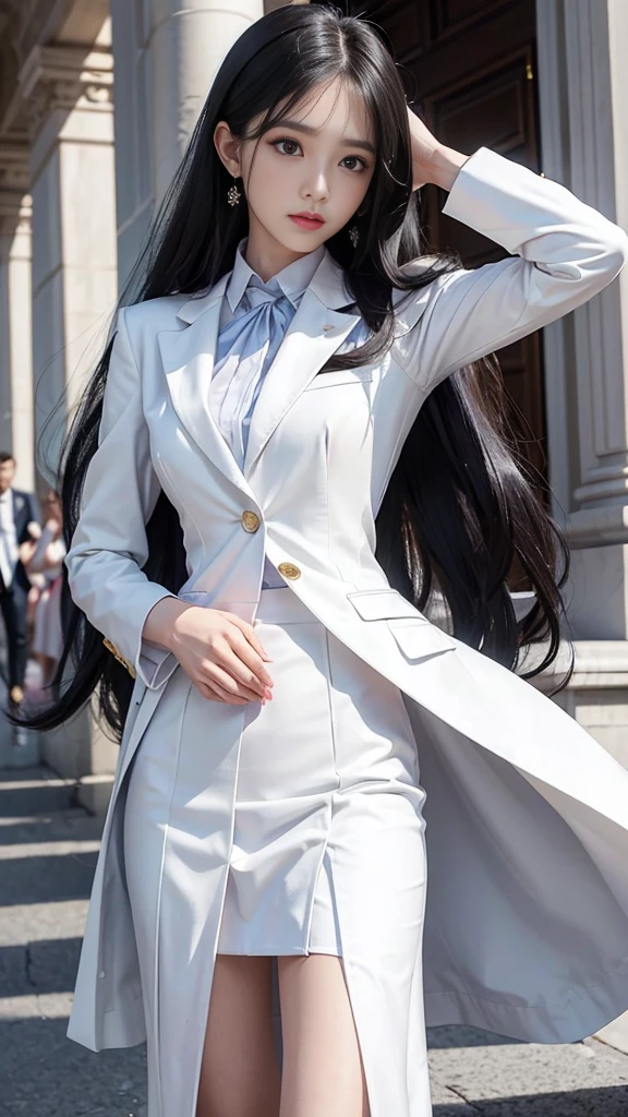 woman, กระโปรงสั้นwhite, เสื้อsuitwhite, skirt only, (สาวสวยTwo meter long hair, my hair is very long., extra long hair, long black hair), (suitสไตล์อิตาลี, suitสองปุ่ม), (Italian suit, white suit, Set of two buttons), (ใส่suitwoman, Business woman'suit, white), (suitwomanwhite), (เสื้อเชิ้ตwhite), necktie, (necktieสั้นสีดำ, necktieสีดำ, necktieผอม, ถักnecktie), (military rank insignia), (Short pencil skirtwhite), (Dynamic posts), full body, (A gigantic rift), (big breasts, thin body, small waist, hips raised, small thighs, Long legs), high-heelsสีดำ, (Short pencil skirt, white), Wearing a suit for a business woman, (Wearing a white businessuit, suitนักธุรกิจหญิงwhite), (tight, military regalia, เสื้อwhite, กระโปรงwhite), (black shoes), (Two gold suit buttons, Two meter long hair, suitเข้ารูป, เสื้อsuitwhiteทรงธรรมดารัดรูป), (black shoes, high-heels), (stand, walk, elegant gesture, Dynamic posts), short dress, earring, garden, monument